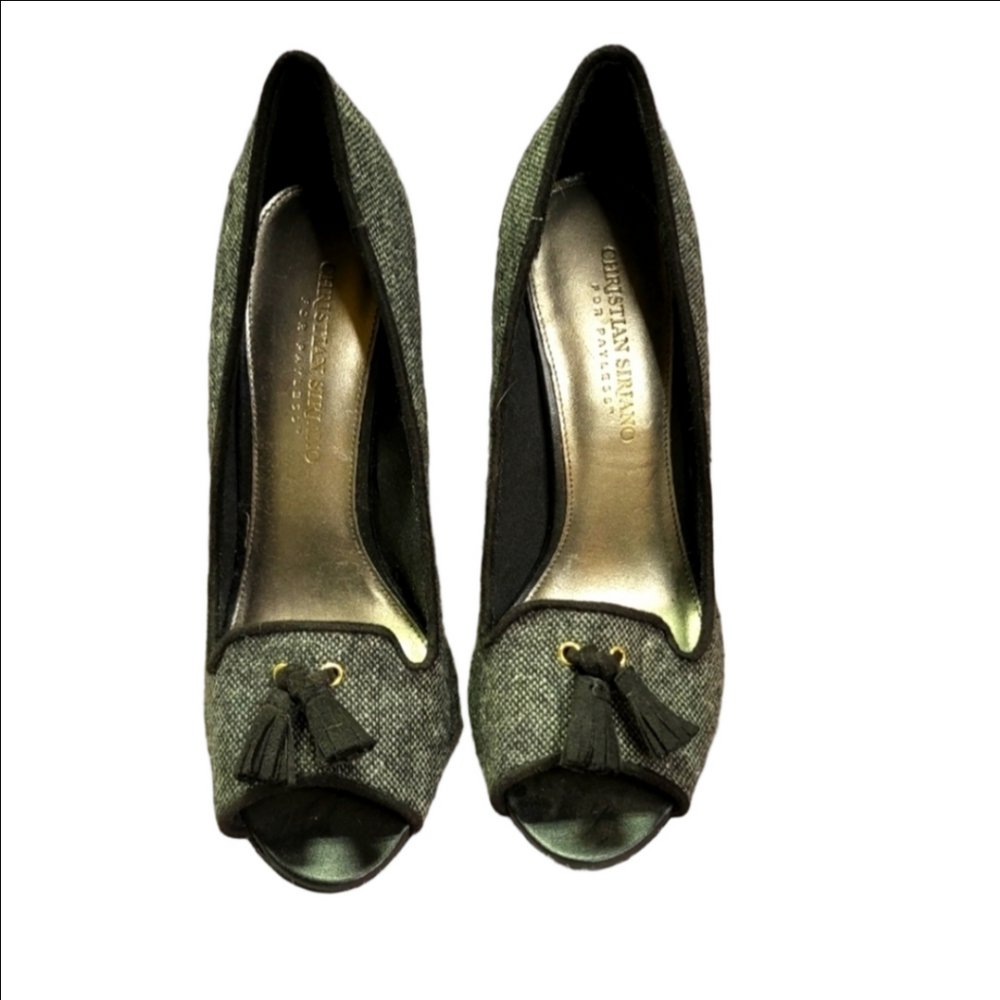 Christian Siriano Gray Black Tweed Peep Toe Heels Size 7